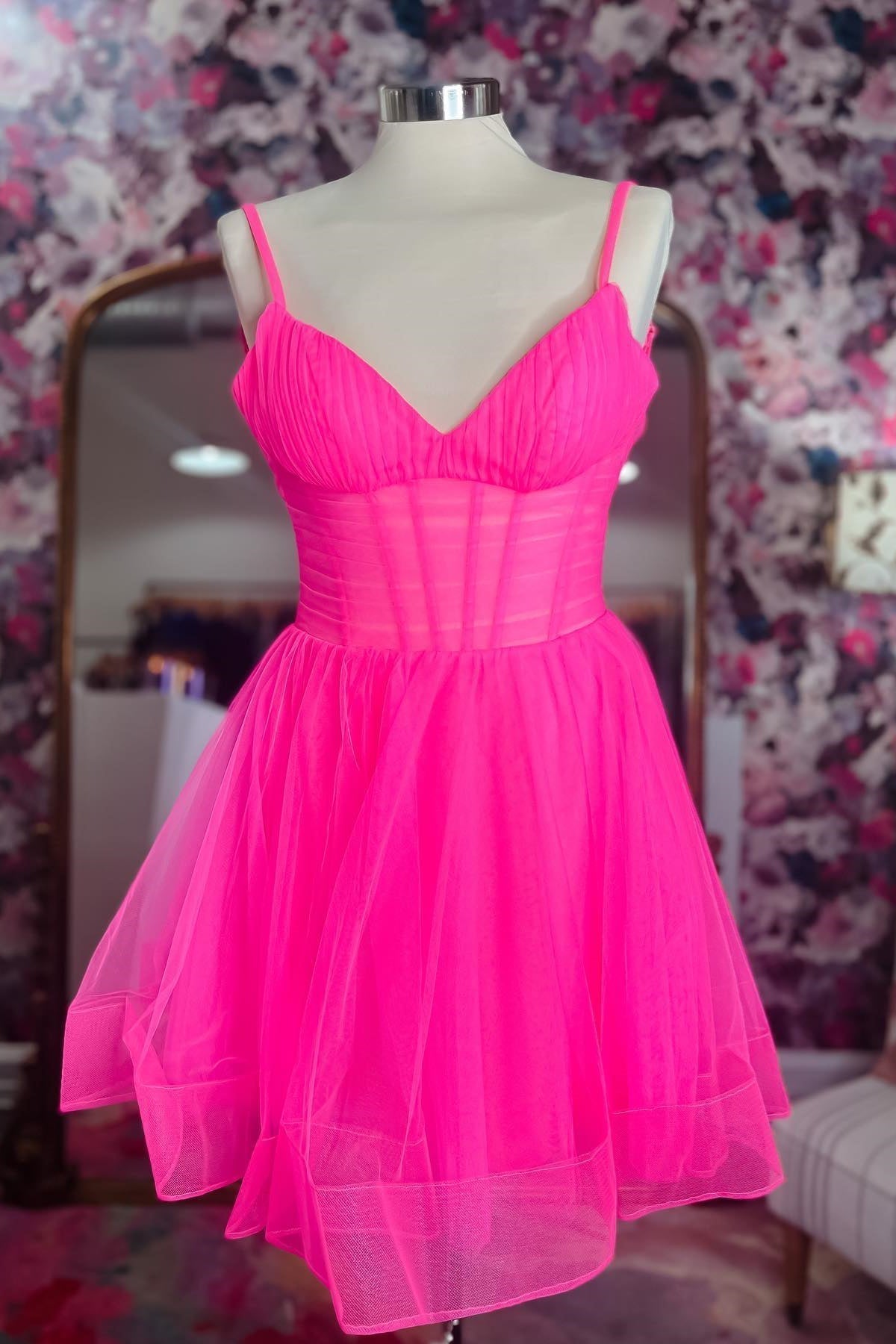Party Dresses Jumpsuits, Hot Pink Deep V Neck Straps A-line Tulle Homecoming Dress