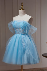 Bridesmaides Dresses Long, Blue Off The Shoulder Beading Appliques Tulle Short Homecoming Dresses