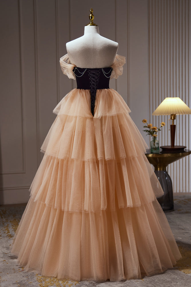 Bridesmaid Dresses Blush, Champagne Off The Shoulder Evening Gown A Line Tulle Long Prom Dresses
