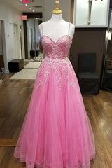 Prom Dress Inspiration, Hot Pink Floral Lace Sweetheart A-Line Prom Dress