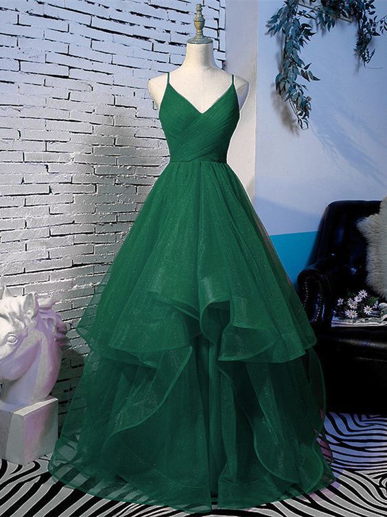 Evening Dress Dresses, a line prom dresses evening dress spaghetti straps open back long dark green tulle with ruffles