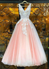 Evening Dresses Vintage, beautiful blush pink prom dreses lace embroidery v neck tulle floor length ball gown