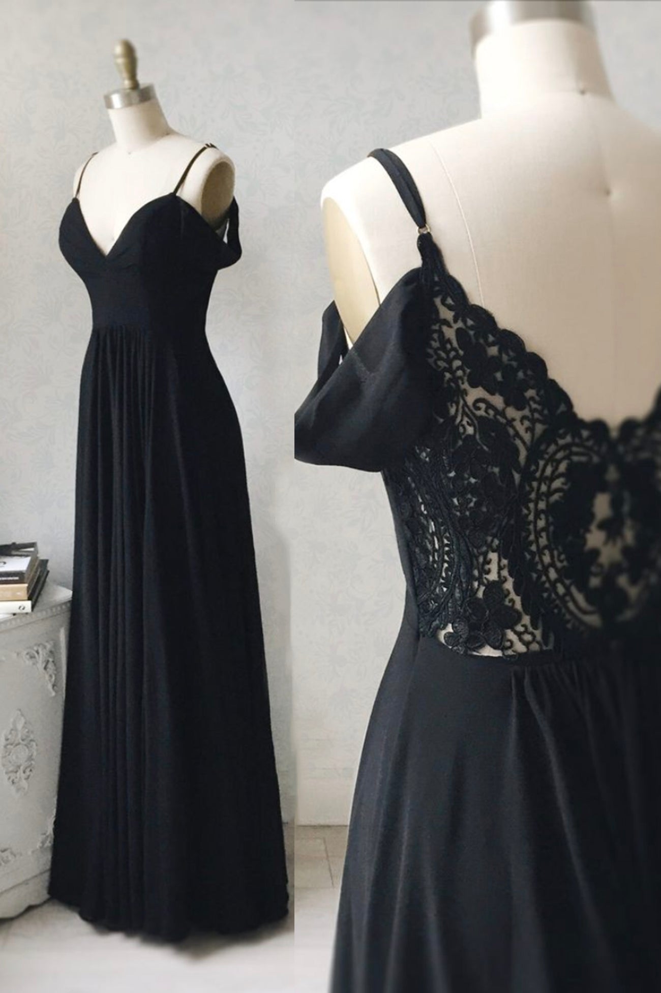 Prom Dress Gowns, Black Chiffon Lace Long Prom Dresses, A-Line Evening Dresses