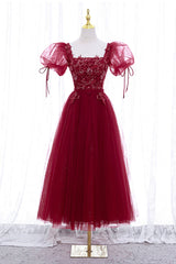 Party Dress For Girls, Burgundy Short Sleeve Tulle Tea Length Prom Dress, A-Line Party Dress