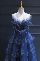 Wedding Guest Dress Summer, Blue Tulle Beaded Long Senior Prom Dress, A-Line Blue Formal Dress