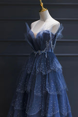 Orange Dress, Blue Tulle Beaded Long Senior Prom Dress, A-Line Blue Formal Dress