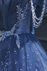 Prom Dress Black, Blue Tulle Beaded Long Senior Prom Dress, A-Line Blue Formal Dress