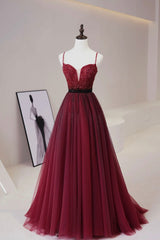 Party Dresses Pink, Burgundy Tulle Beaded Long Prom Dress, A-Line Spaghetti Strap Evening Dress