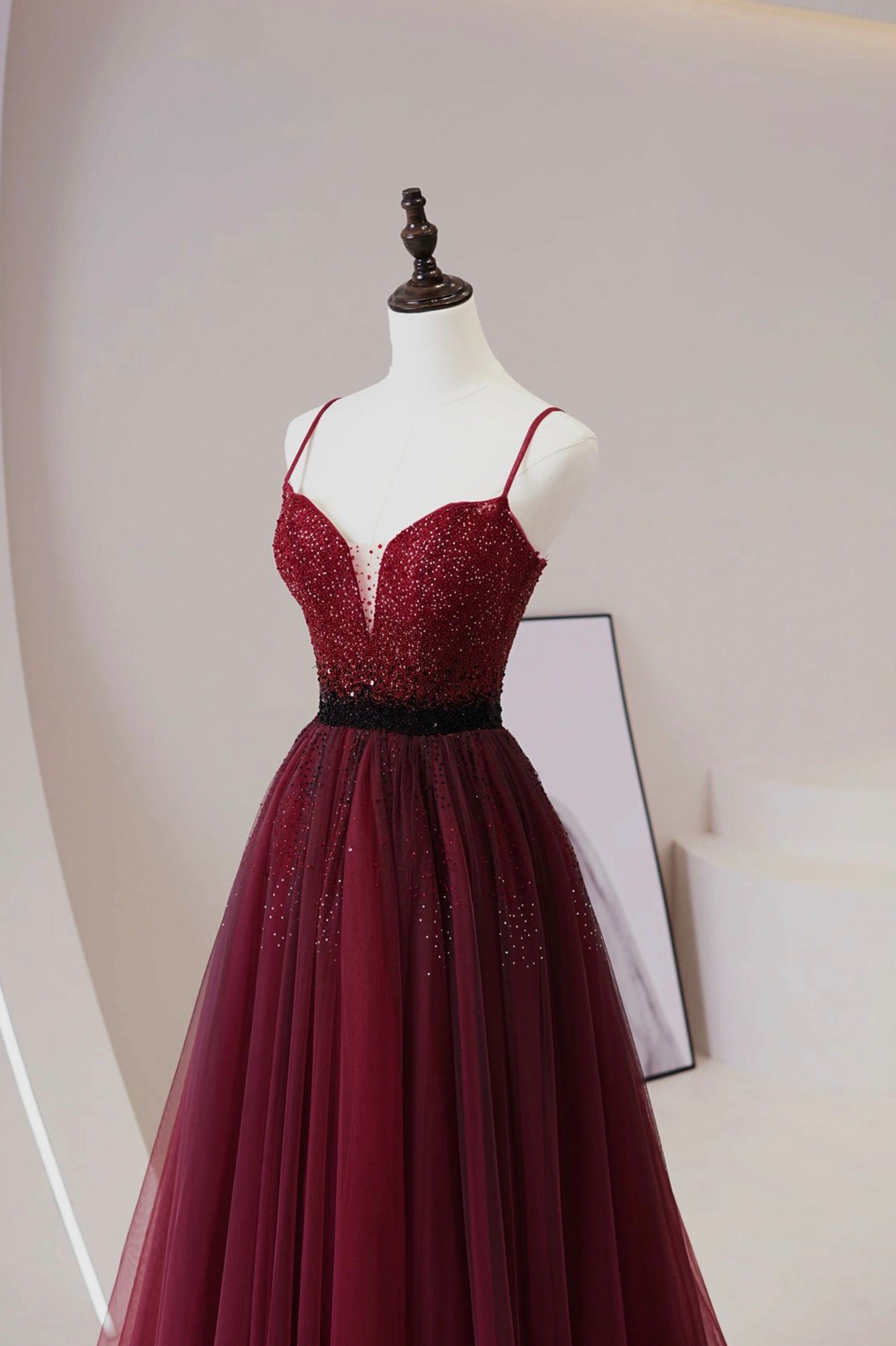 Party Dress India, Burgundy Tulle Beaded Long Prom Dress, A-Line Spaghetti Strap Evening Dress