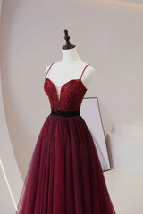 Party Dress India, Burgundy Tulle Beaded Long Prom Dress, A-Line Spaghetti Strap Evening Dress