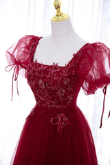 Party Dress Sparkle, Burgundy Short Sleeve Tulle Tea Length Prom Dress, A-Line Party Dress