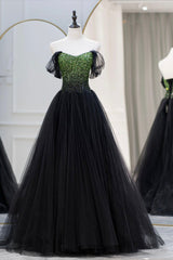 Prom Dress Sale, Black Tulle Long A-Line Prom Dress, Black Evening Dress with Green Beaded