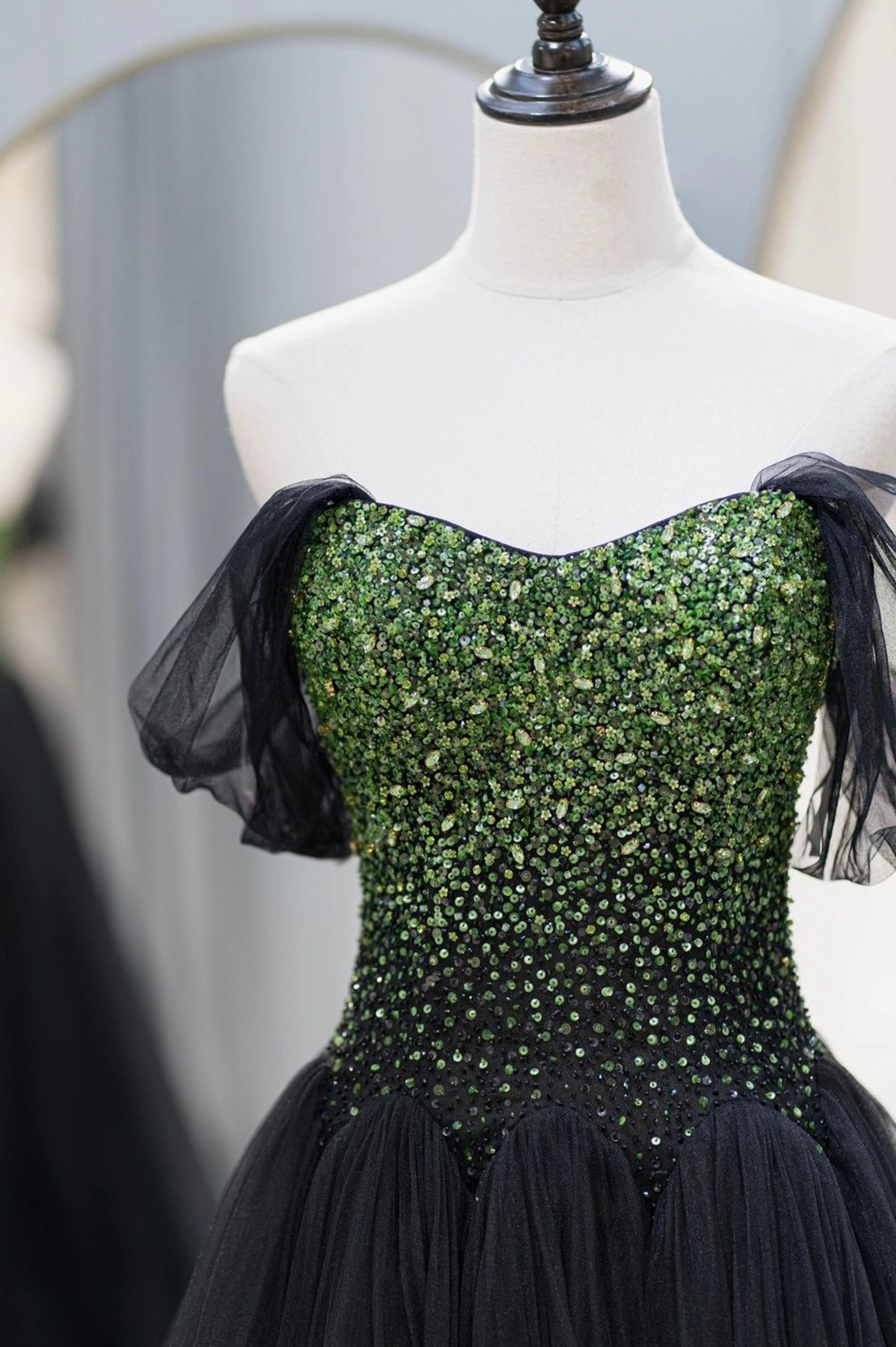 Prom Dresses Online, Black Tulle Long A-Line Prom Dress, Black Evening Dress with Green Beaded