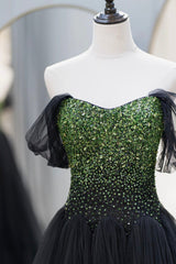 Prom Dresses Online, Black Tulle Long A-Line Prom Dress, Black Evening Dress with Green Beaded