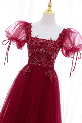 Party Dresses Long Sleeve, Burgundy Short Sleeve Tulle Tea Length Prom Dress, A-Line Party Dress