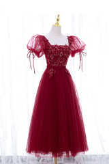 Party Dresses Long Sleeved, Burgundy Short Sleeve Tulle Tea Length Prom Dress, A-Line Party Dress