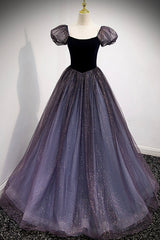 Evening Dress Long, Purple Velvet Tulle Long Prom Dresses, A-Line Evening Dresses