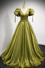 Prom Dress With Pocket, Green V-Neck Long Prom Dresses, A-Line Evening Dresses
