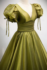 Prom Dresses With Pockets, Green V-Neck Long Prom Dresses, A-Line Evening Dresses