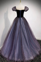 Evening Dresses Wedding, Purple Velvet Tulle Long Prom Dresses, A-Line Evening Dresses