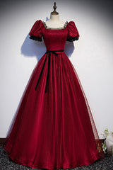 Party Dresses For Teenage Girls, Burgundy Tulle Long Prom Dresses, A-Line Backless Evening Dresses