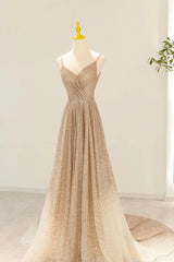 Bridesmaids Dresses Near Me, Gold V-Neck Sequins Long Prom Dress, A-Line Evening Party Dress