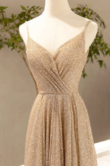 Bridesmaid Dress Colours, Gold V-Neck Sequins Long Prom Dress, A-Line Evening Party Dress