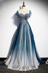 Formal Dress For Ladies, Blue Tulle Long Prom Dresses, A-Line Formal Evening Dresses