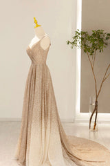Bridesmaides Dresses Fall, Gold V-Neck Sequins Long Prom Dress, A-Line Evening Party Dress