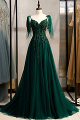 Prom Dresses Curvy, Green V-Neck Lace Long Prom Dresses, A-Line Evening Dresses