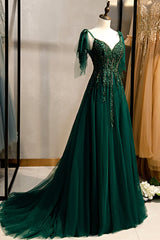 Prom Dresses 2035 Blue, Green V-Neck Lace Long Prom Dresses, A-Line Evening Dresses