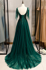 Prom Dresses Modest, Green V-Neck Lace Long Prom Dresses, A-Line Evening Dresses