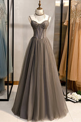 Bridesmaid Dresses Color, Gray Tulle Spaghetti Strap Long Prom Dresses, A-Line Evening Dresses
