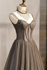 Bridesmaids Dresses Colorful, Gray Tulle Spaghetti Strap Long Prom Dresses, A-Line Evening Dresses
