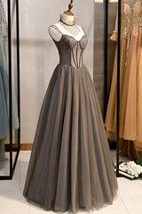 Bridesmaid Dresses Colors, Gray Tulle Spaghetti Strap Long Prom Dresses, A-Line Evening Dresses