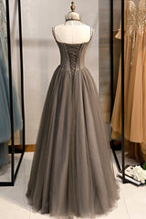 Bridesmaids Dress Color, Gray Tulle Spaghetti Strap Long Prom Dresses, A-Line Evening Dresses