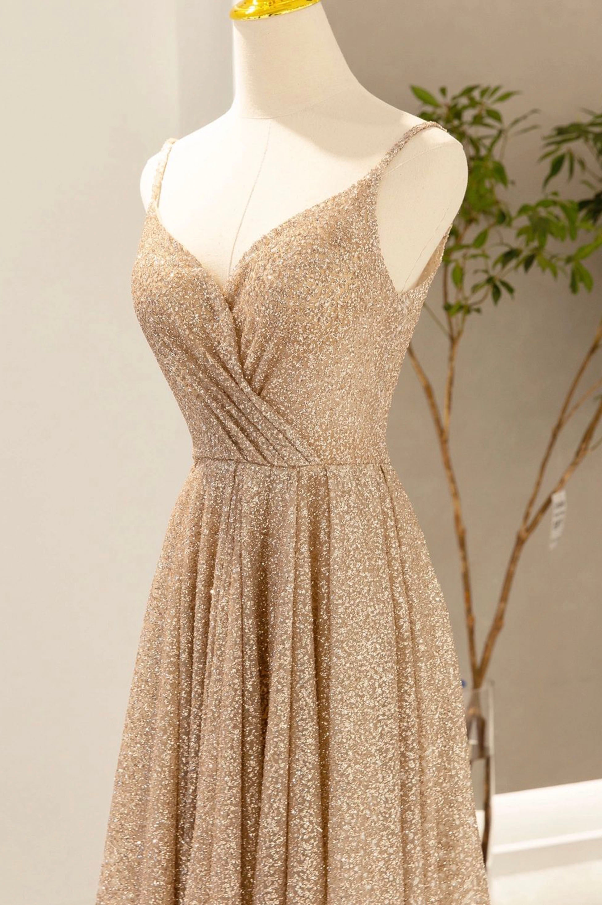 Bridesmaids Dresses Fall, Gold V-Neck Sequins Long Prom Dress, A-Line Evening Party Dress