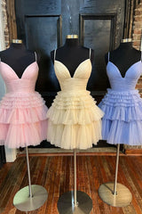 Bridesmaid Dress Blush, Cute Tulle V-Neck Short Prom Dress, A-Line Homecoming Party Dress