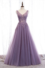 Evening Dresses Online Shop, Purple V-Neck Lace Long Prom Dresses, A-Line Evening Party Dresses