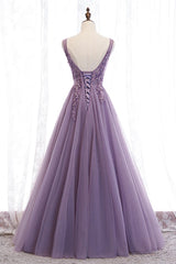 Evening Dresses Formal, Purple V-Neck Lace Long Prom Dresses, A-Line Evening Party Dresses