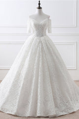 Prom Theme, A-Line Lace Off the Shoulder White Lace Bridal Gown
