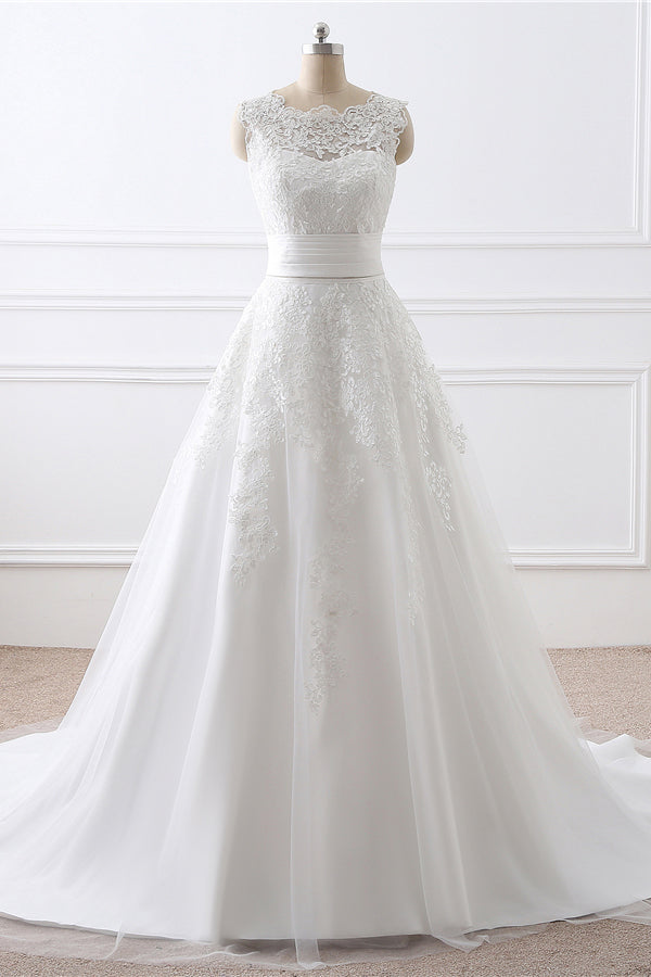 Wedding Dresses Online Shopping, Sleeveless White Wedding Dress with Applique