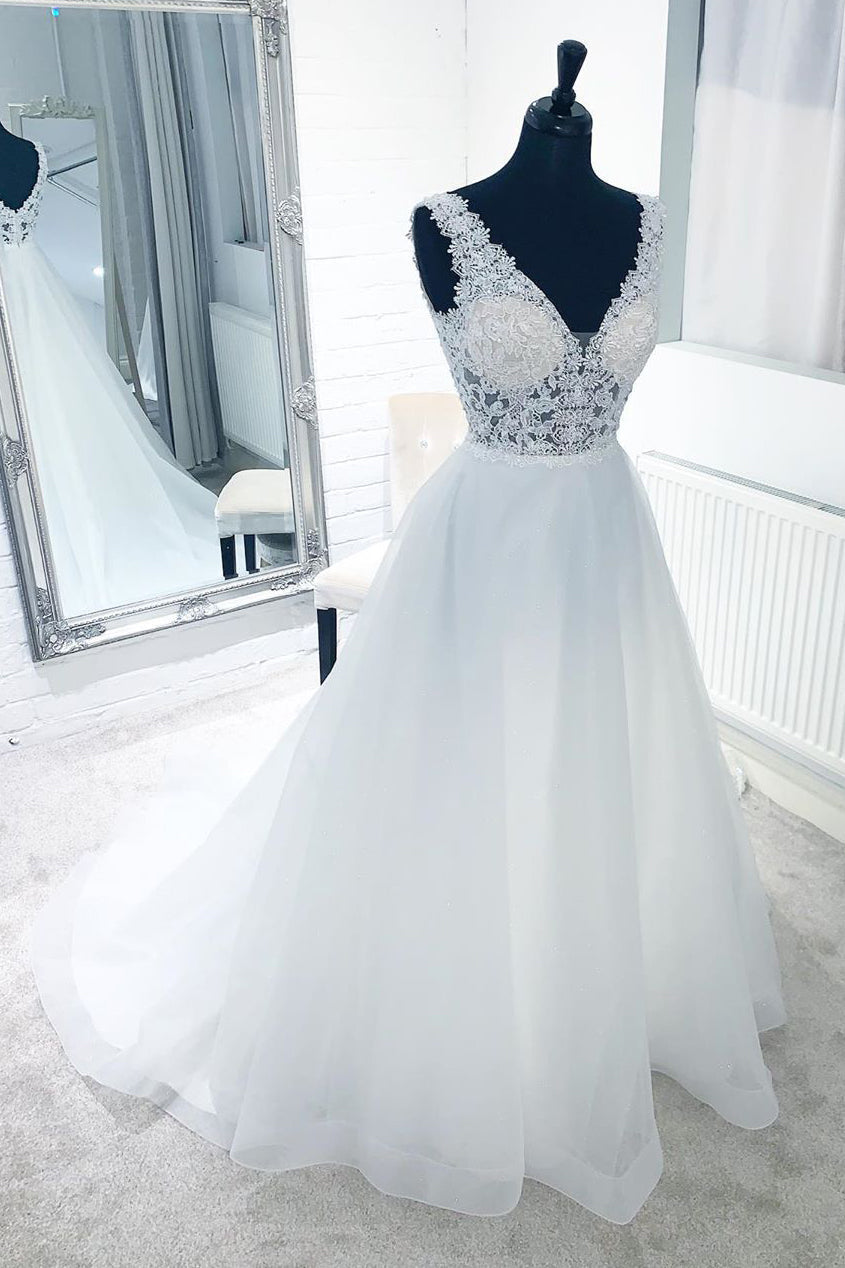 Wedding Dress Online Shop, See-Through Lace Top White Wedding Dress