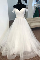Wedding Dress Styles 2022, Off the Shoulder Pleated Wedding Dress with Beaded Waist