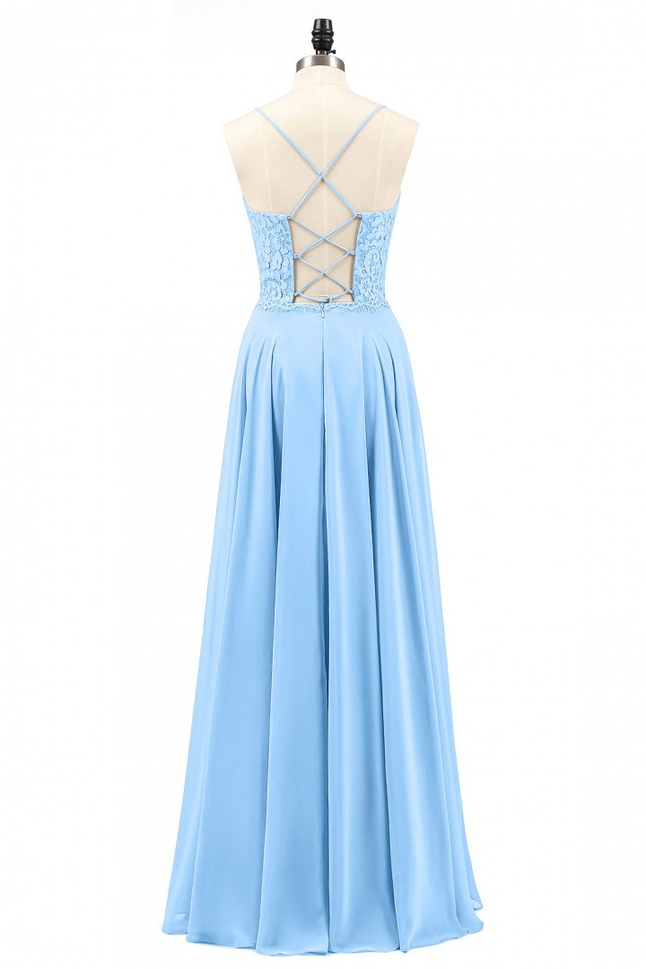 Bridesmaid Dress Floral, Light Blue Sweetheart Lace-Up A-Line Long Bridesmaid Dress