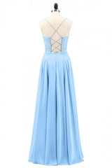 Bridesmaid Dress Floral, Light Blue Sweetheart Lace-Up A-Line Long Bridesmaid Dress