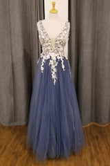 Long Sleeve Dress, White and Navy 3D Floral Lace Plunge Neck A-Line Prom Dress