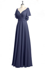 Bridesmaid Dress Stylee, Navy Blue V-Neck Backless Ruffled A-Line Long Dress