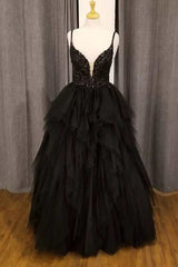 Prom Dresses Princess Style, Black Tulle Floral Lace Straps Tiered A-Line Prom Gown