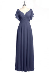 Bridesmaid Dresses Styles, Navy Blue V-Neck Backless Ruffled A-Line Long Dress